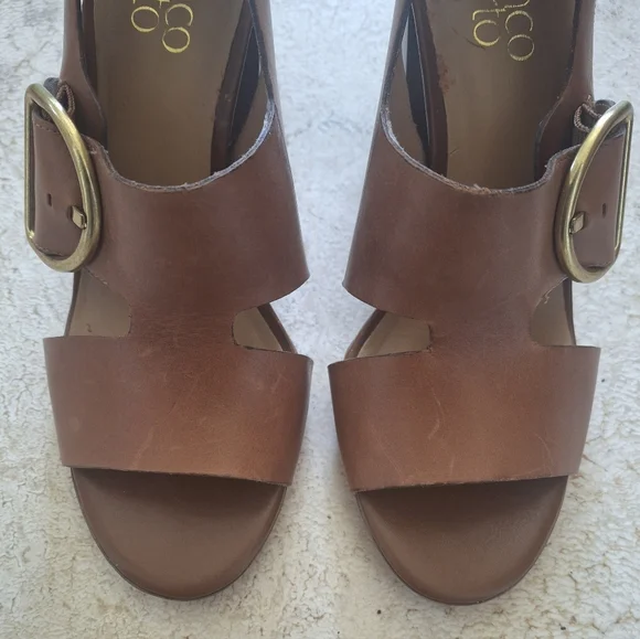 FRANCO SARTO "Mirabel" Leather Cognac Brown Gold Buckle Block Heels - Size 7 - Picture 3 of 8